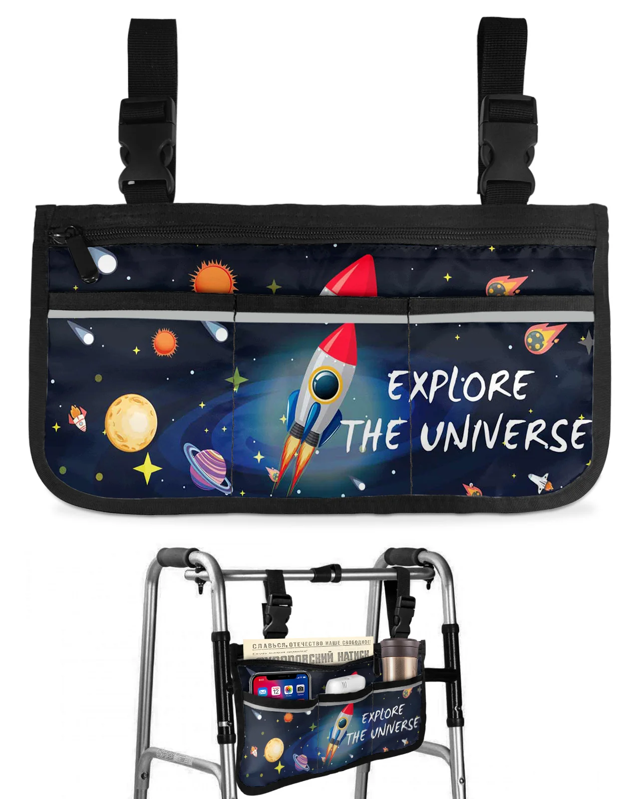 Space Universe Planet Rocket Wheelchair Bag With Pockets Armrest Side Bags Electric Scooter Walking Frame Storage Pouch