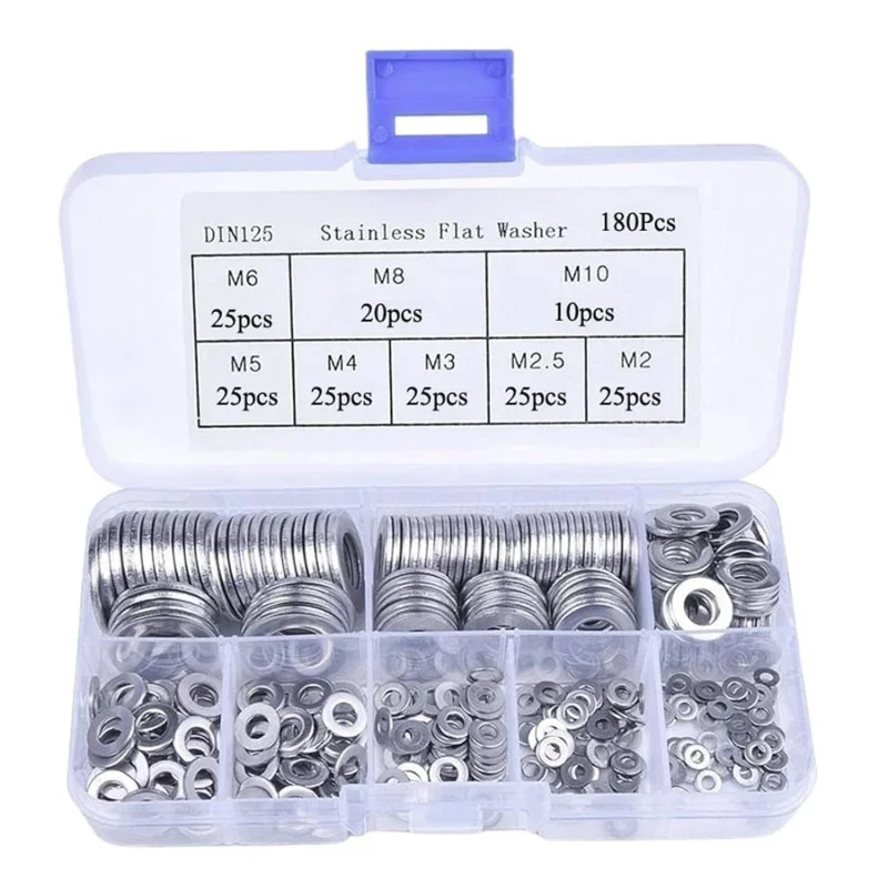 50Set Stainless Steel Flat Washers Set Assortment Metal Washers Sealing Plain Spacer Shim Hardware Tool