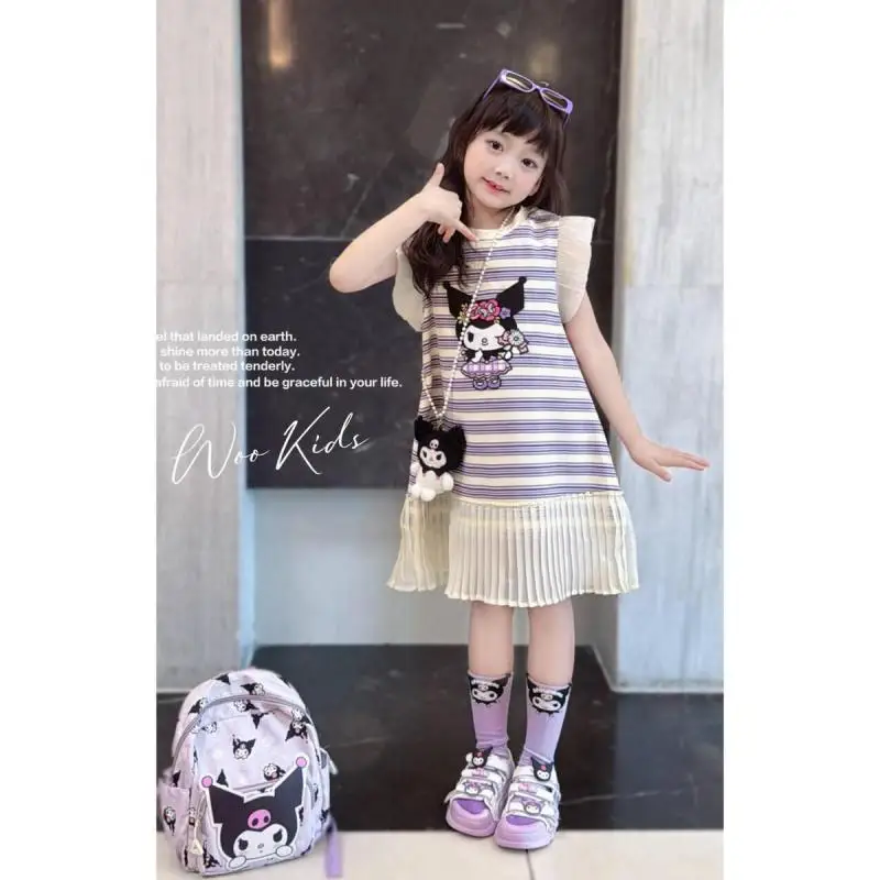 Sanrios Girls Princess Skirt Kuromi New Cartoon Casual Summer Pure Cotton Stripe Sleeveless Round Neck Student Skirt Sweet Cute