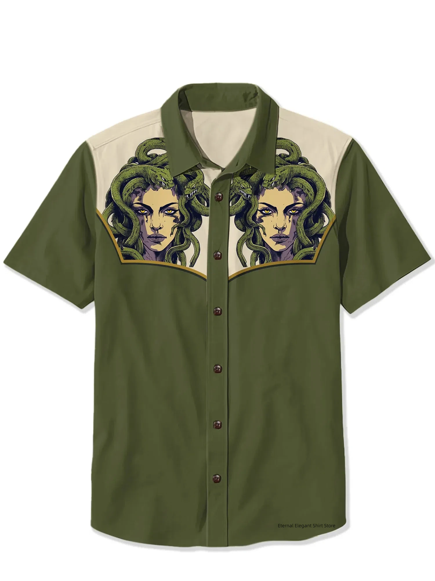 2025 Men's Casual Button Short Sleeve Shirt Mythical Medusa Snake Demon Pattern Comfortable and Breathable Summer Fashion Top