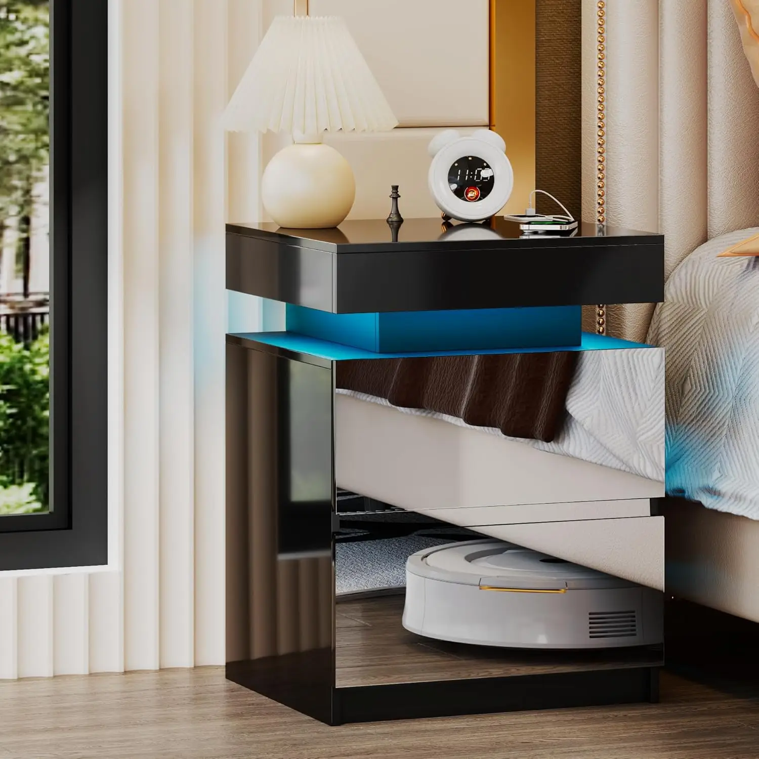 LED Nightstand 2 Mirrored Drawers & Charging Station Bedside Table Sliding Top Magnetic Lock Bedroom Storage, Customized