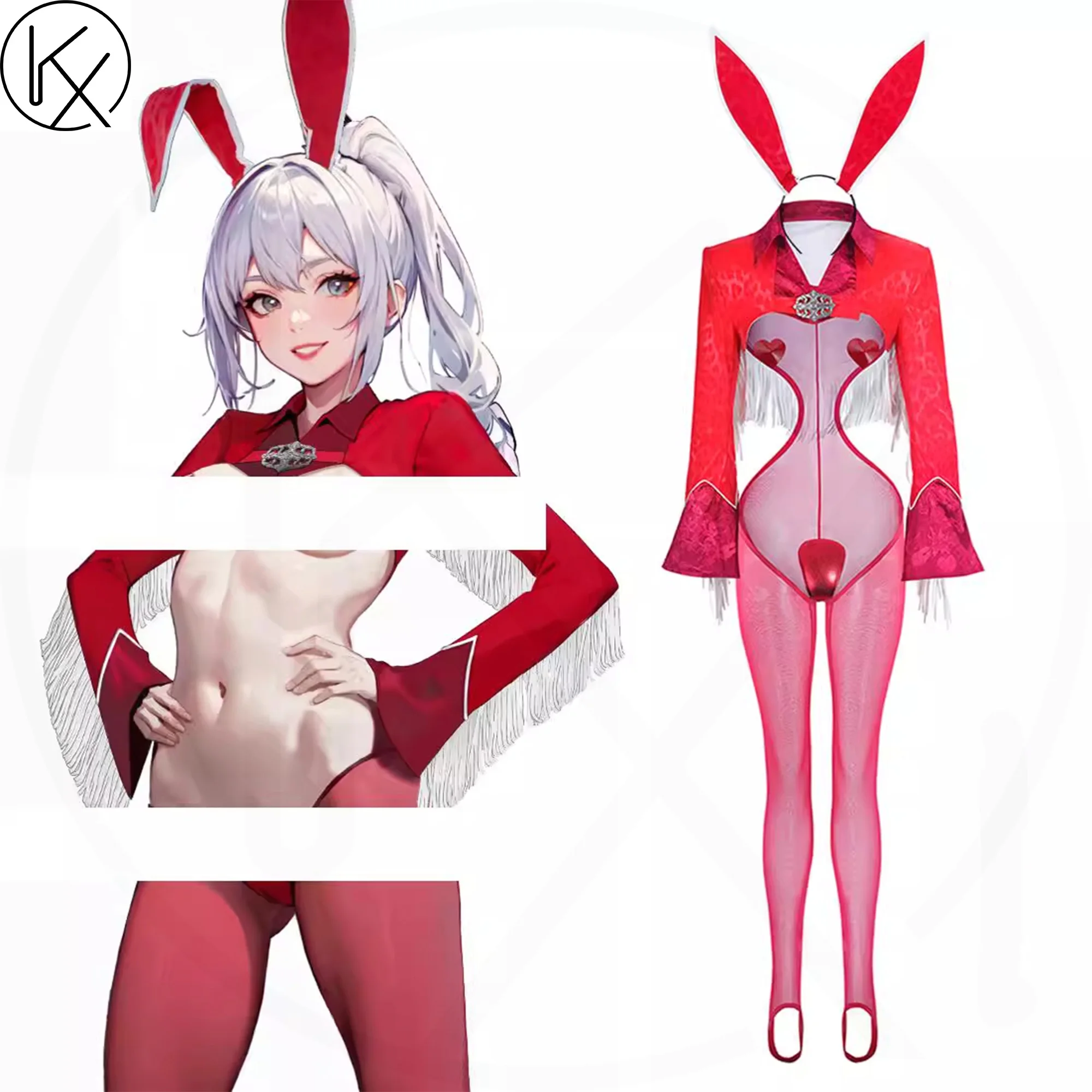 

kaixiggmm Red Reverse Rabbit Girl Sexy Cosy Black Pattern PU Half Transparent Step on Foot Mesh Clothes Cowboy Western Tassel