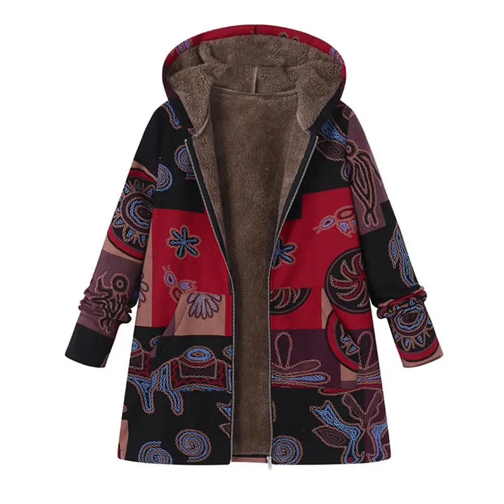 Women Winter Coat Floral Print Hooded Winter Coat with Plush Lining Heat Retention Technology Stylish Mid-length for Women