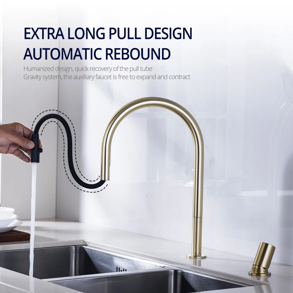 Brushed Gold Kitchen Faucet Invisible Pull Out Spray Mixer Double Hole Single Handle Solid Brass Hot and Cold Sink Tap