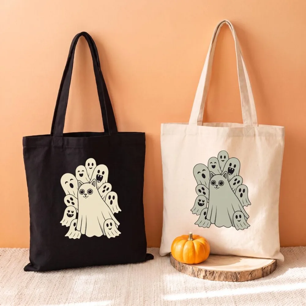 Cute Halloween Tote Bag Ghost Cat Graphic Spooky Season Pumpkin Reusable Shopping Shoulder Bag Fall Party Gift