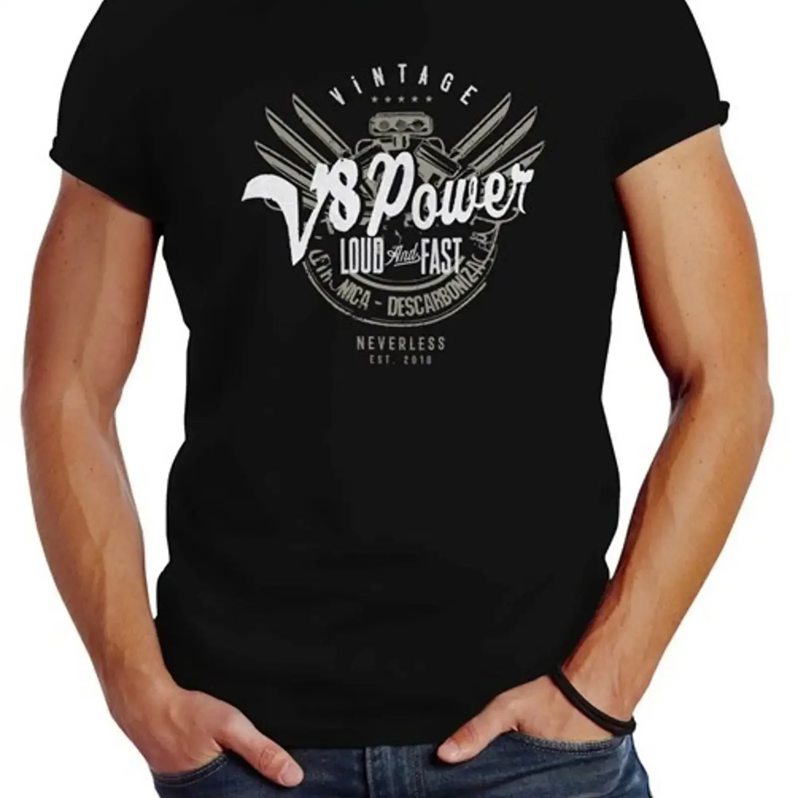 Herren T Shirt V8 Power Motor Block Tuning Slim Fit Neverless vintage Washed streetwear Stylish Comfortable homme Casual