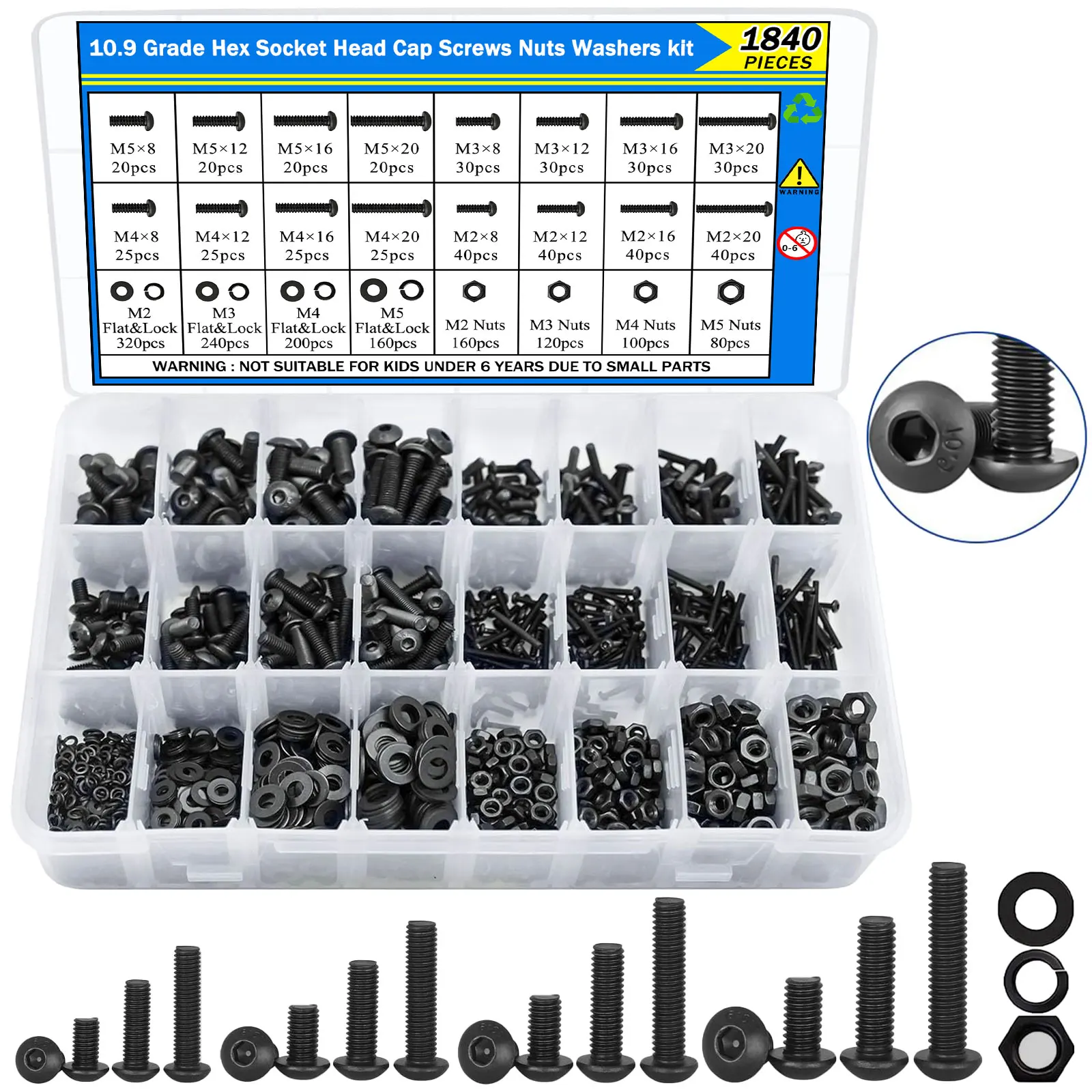 

1840PCS 10.9 Alloy Steel Screw Kit, M2 M3 M4 M5 Hex Button Head Bolts Nuts Set with Flat/Lock Washers & Wrenches