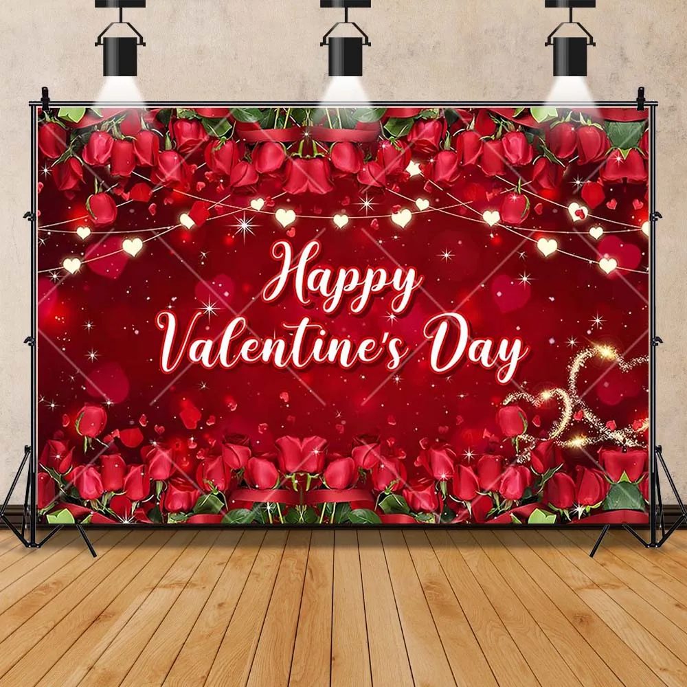 Romantic Valentine's Day Backdrop Custom Pink Love Heart Red Rose Wall Birthday Wedding Portrait Photography Backgrounds Banner