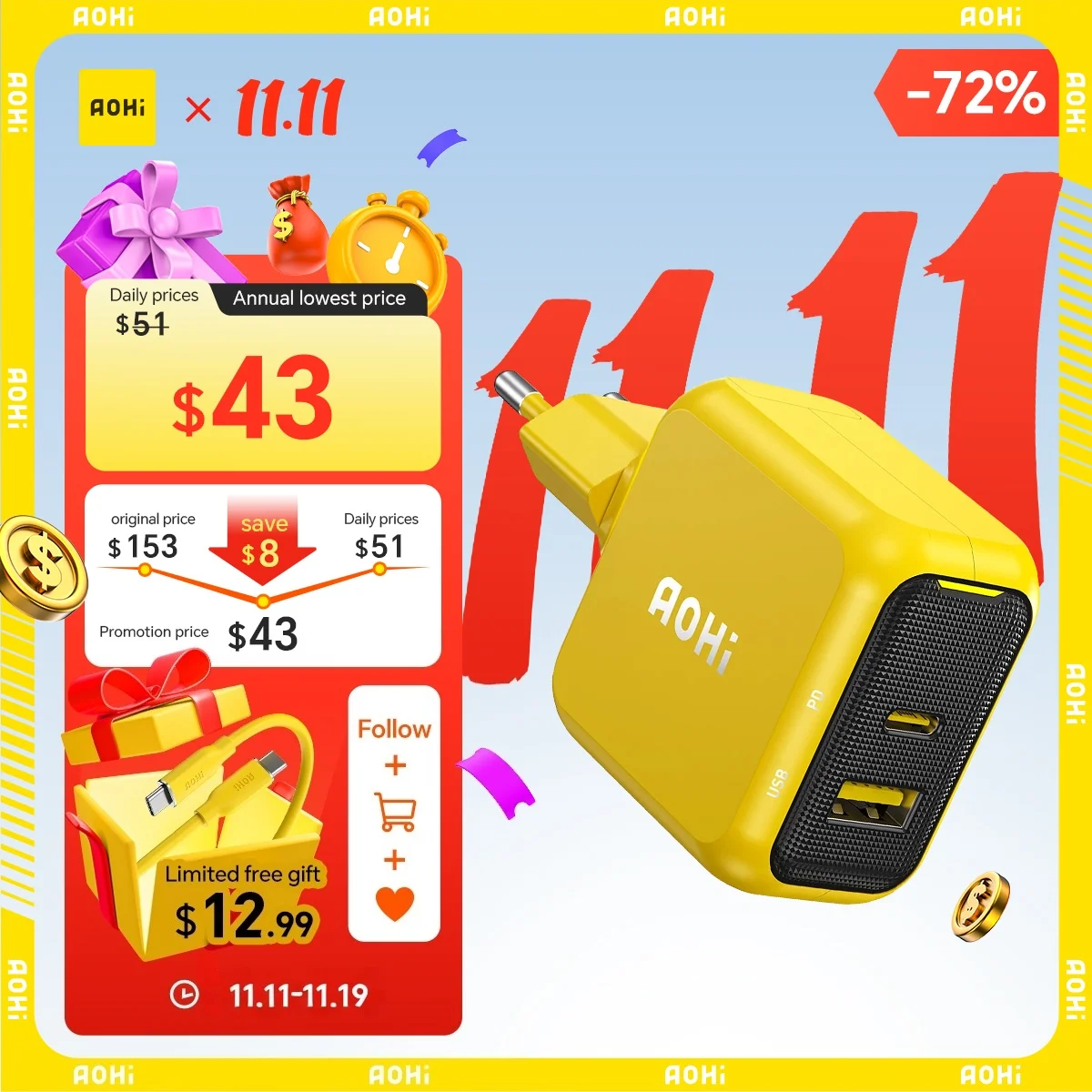 

AOHI Magcube 67W Dual-Port Foldable GaN Charger with LED Cable (Yellow/Black)