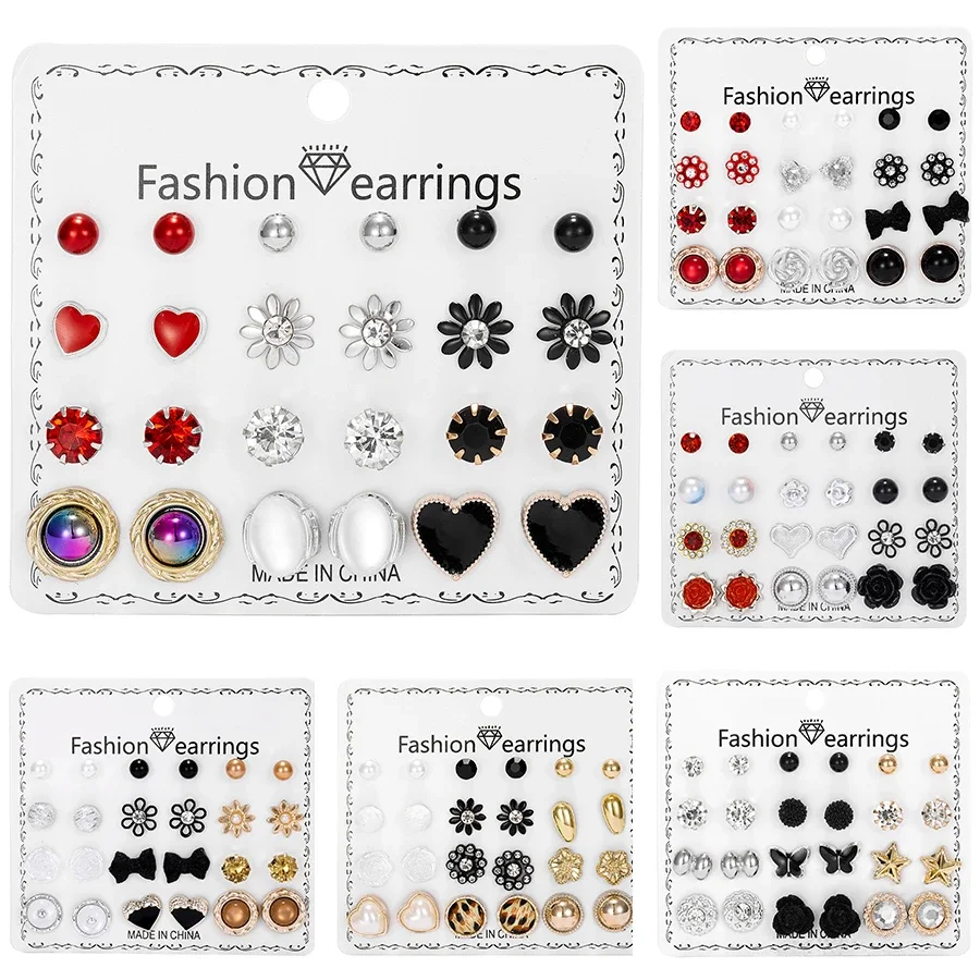 12 Pairs/Set Butterfly Heart Earrings Set for Women Geometric Rhinestone Simulated Pearl Jewelry Accessories Piercing Ball Stud