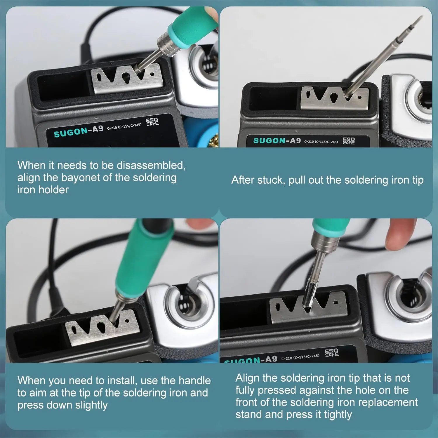 Estación de soldadura digital SUGON A9 245, calentamiento rápido 3s, 110 V, 6 puntas, 212-842 ℉ , Estante de repuesto