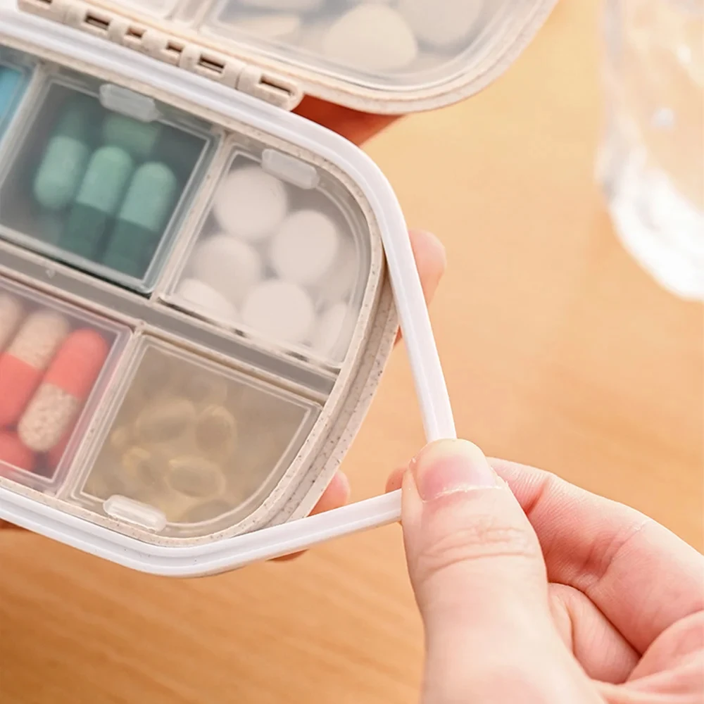 8 Grids Pill Box Portable Silicone Sealing Strip Moisture-proof Vitamin D Medicine Storage Box Wheat Rod Material First Aid Kit