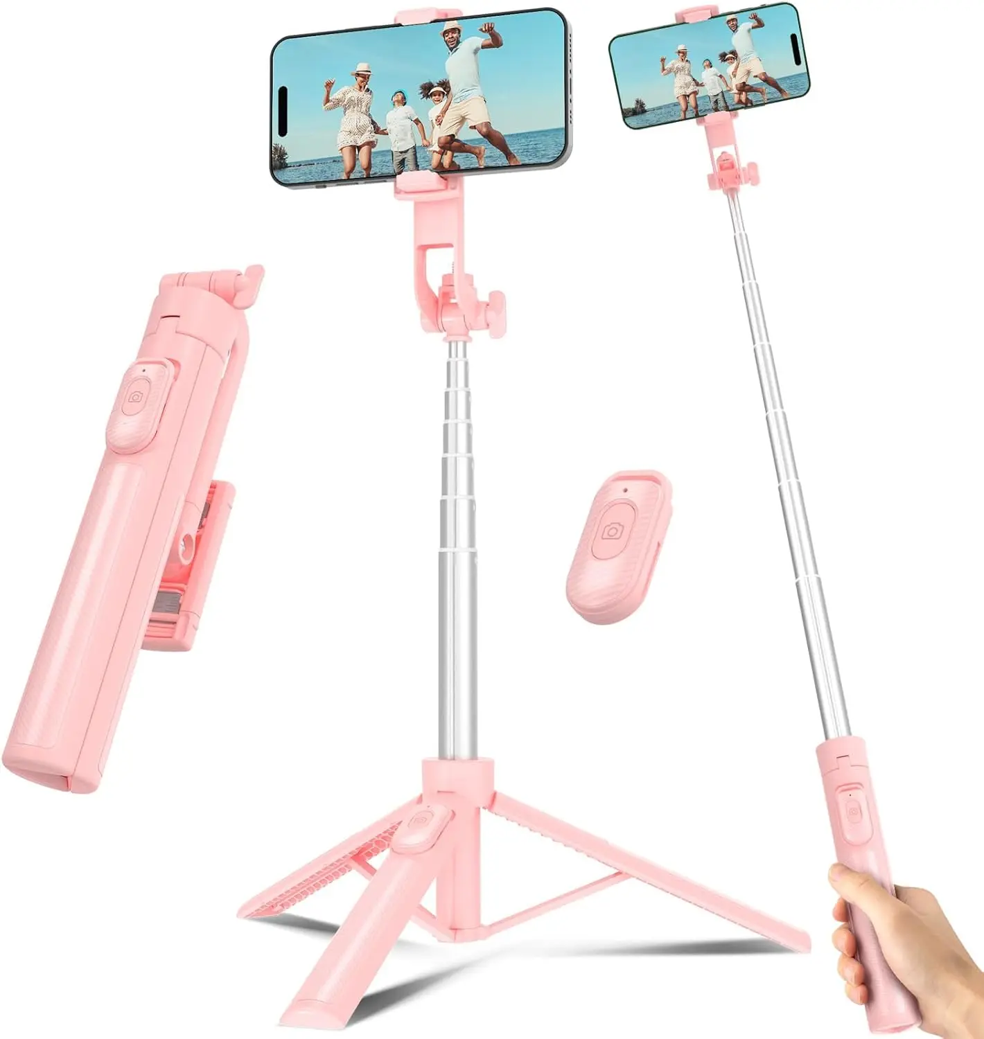 Selfie Stick Travel Tripod for Cell Phone with Remote Control, Extendable 50 Inch Pink for iPhone Video Recording