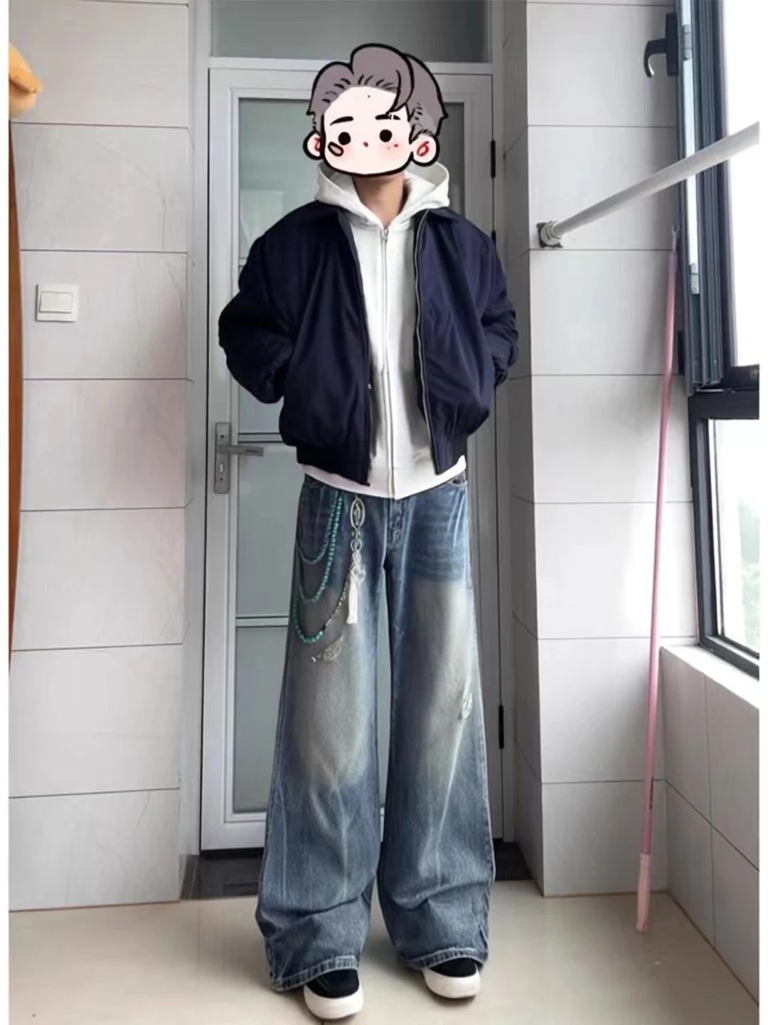 Retro Blue Lightning Pattern Flared Jeans Men's Winter CleanFit Wide Leg Knife Pants American Style Fleece Lined Denim Jeans