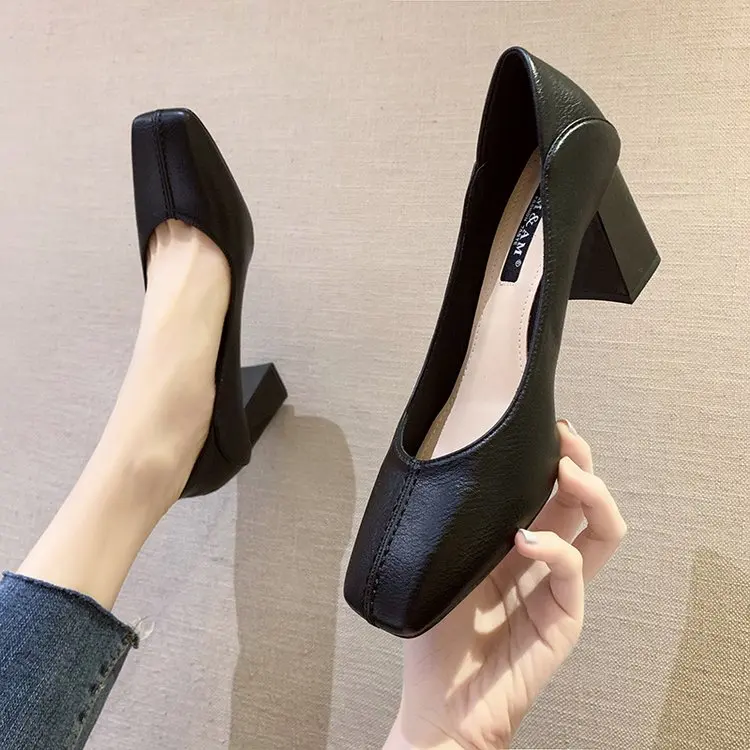 2022  New Women  High Heels Set Foot Comfort Square Heel Sexy Prom Wedding Shoes PU Leather Women Shoes High Heel   Basic