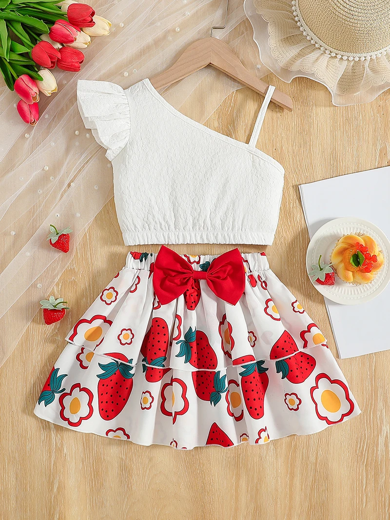 Girls Summer Skirt Set 1-5Y Slanted Shoulder Suspender Camisole+Strawberry Printed Skirt 2pcs Children's Clothing Kid's Outfit