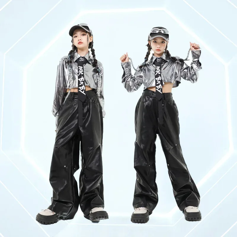 

COSda@Girls Jazz Modern Dance Costume For Kids Silver Tops Leather Pants Suit Children Hip Hop Dance Performance ClothingCOSda@