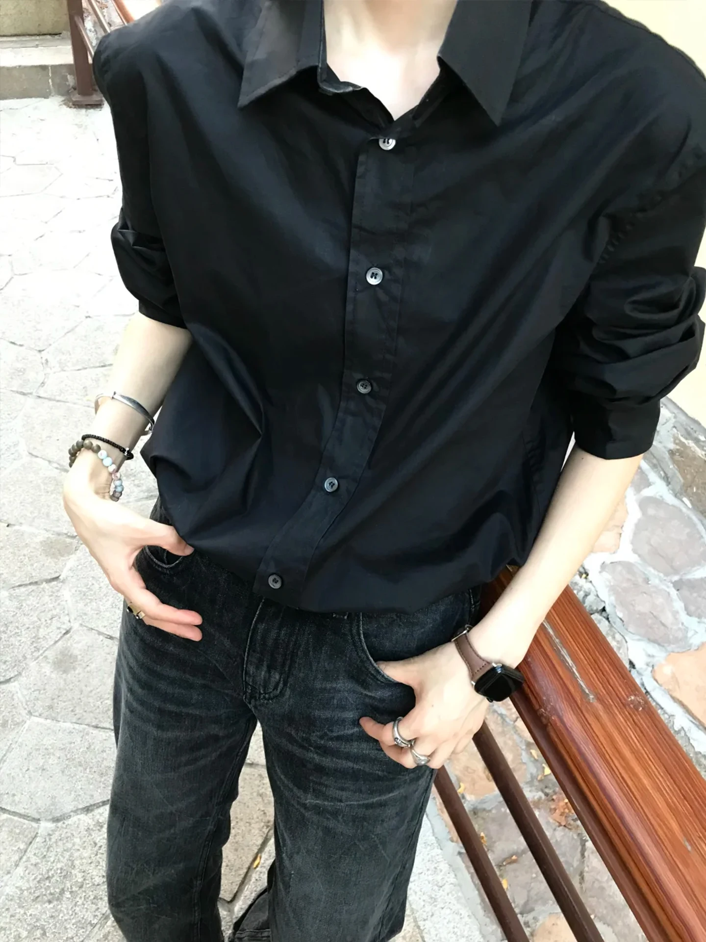 Minimalist Black Long Sleeve Shirt Men's Loose Casual Premium Inner Wear Suit Shirt Spring Summer Cleanfit Casual Fashion
