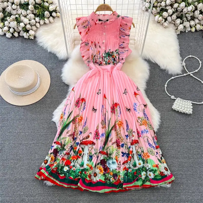 

Fashionable Elegant Sleeveless Dress Women 2023 Summer Standing Collar Slim Medium Length A-Line Pleated Printed Dress Z3726