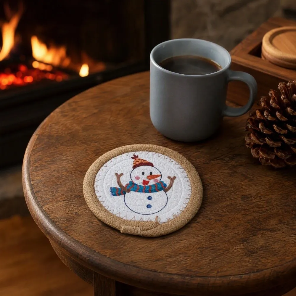 Snowman Trivet Christmas Cup Mat Heat Resistant Woven Cotton Rope Pot Table Mat Handmade Round Insulated Mat Home Decor