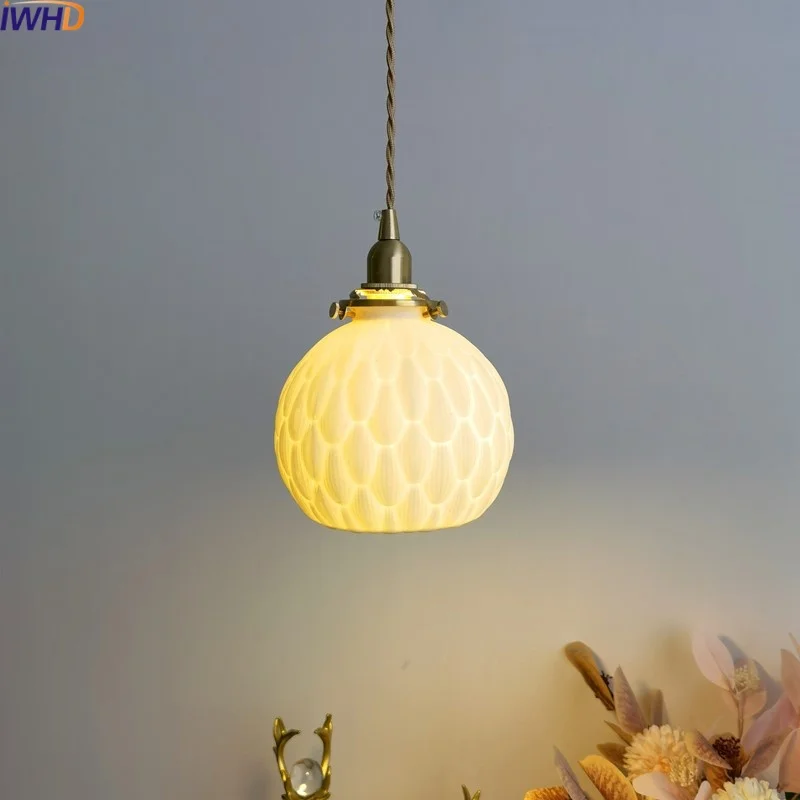 IWHD Ceramic Copper LED Pendant Light Fixtures Chandelier Bedroom Living Dining Room E14 Hanging Lamp Suspension Luminaire