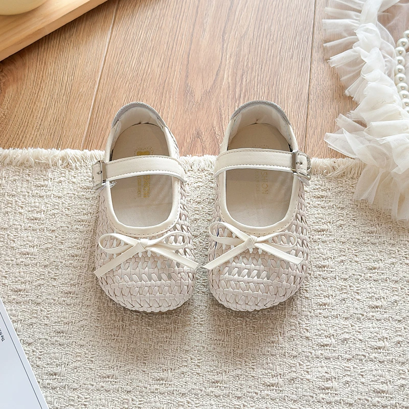 Kids Casual Shoes Weave Simple Bows Girls Princess Shoes Korean Style Versatile 2026 Summer New Children Flat Shoes Breathable