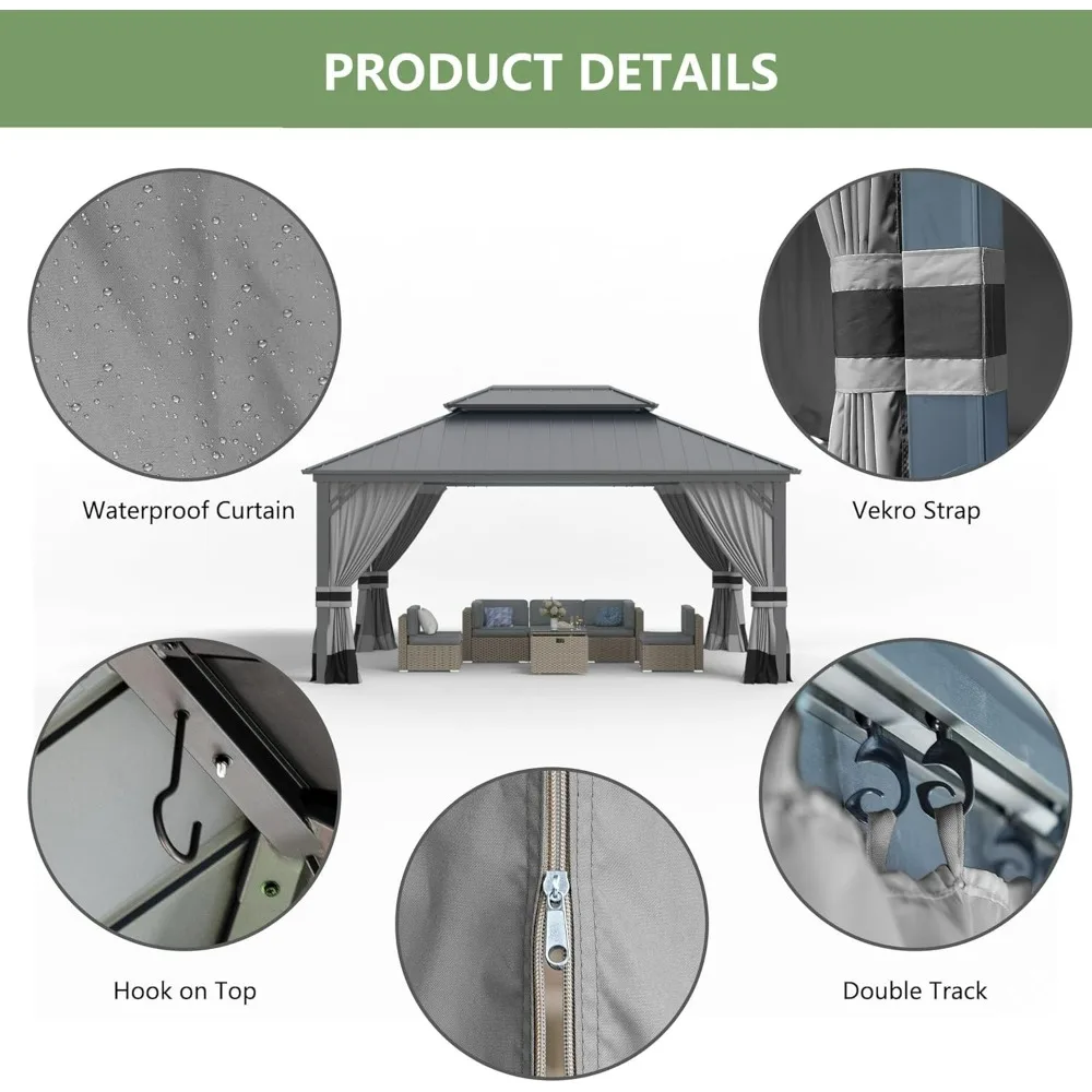 12' x 16' Hardtop Gazebo,Outdoor Galvanized Steel Metal Double Roof Gazebo with Curtains and Netting for Patios, Gardens