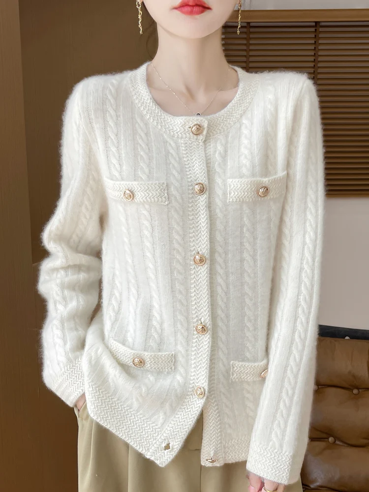TLOML Damski Kardigan z Dzianiny w Warkocze Zapinany na Guziki Jesienno-Zimowy Gruby Sweter z Długim Rękawem z Kaszmiru 100% Wełna Merino Odzież Dzianinowa Damskie Bluzki