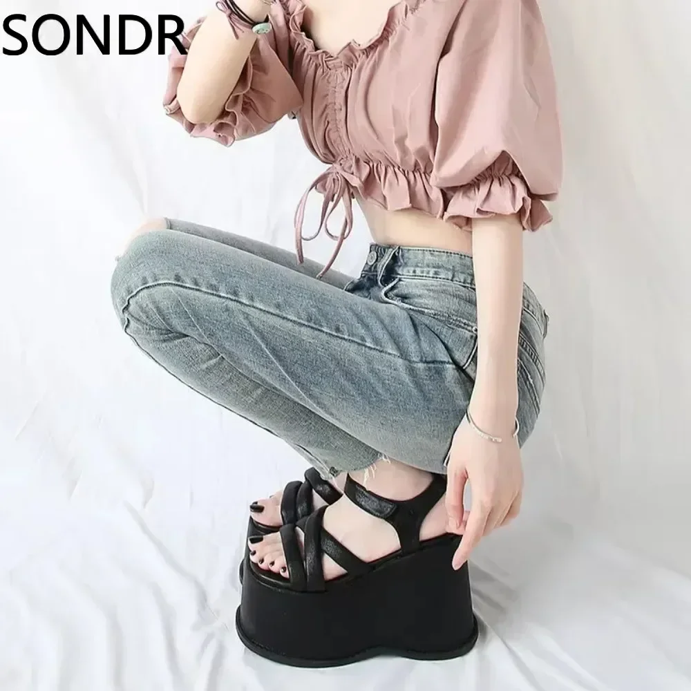 Women Lolita Belt Round Toe Gothic Punk Sandals Shoes Platform Wedge High 12CM Heel Creepers Japanese Harajuku Dark JK