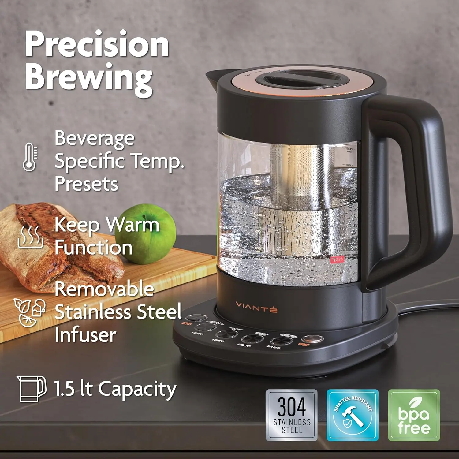 Electric Kettle with Tea Infuser for Loose Leaf Tea And Ceramic Serving Set. Tea Pot And Cups Set With Wooden Tray