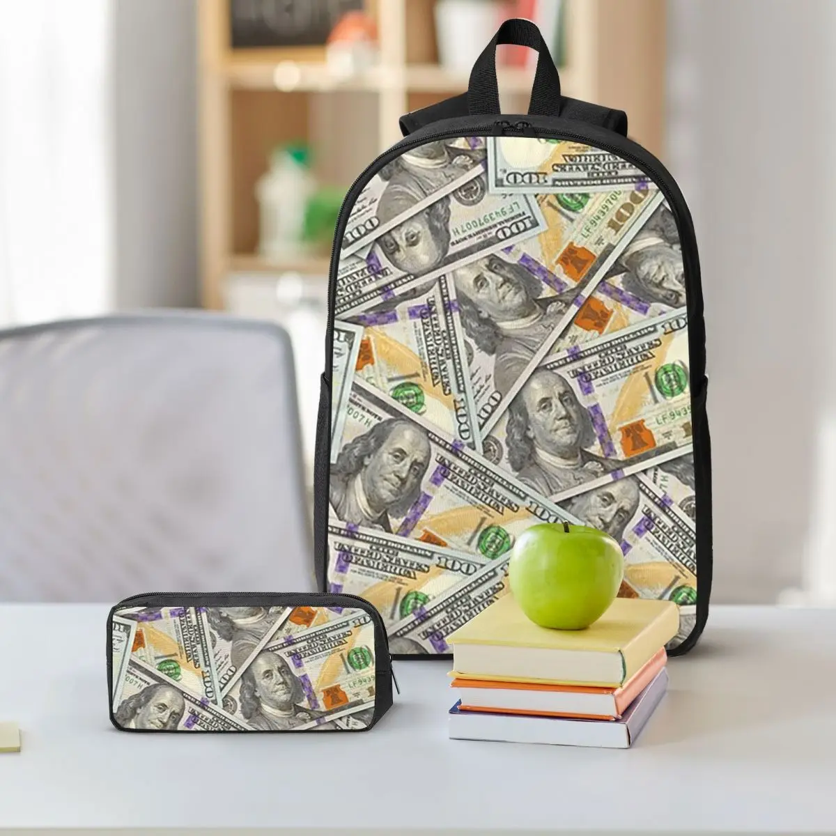 Giant Money Background 100 Dollar Bills Backpack Boys Girls BookBag School Bag Shoulder Bags 3ps Insulated Lunch Bag Pencil Case