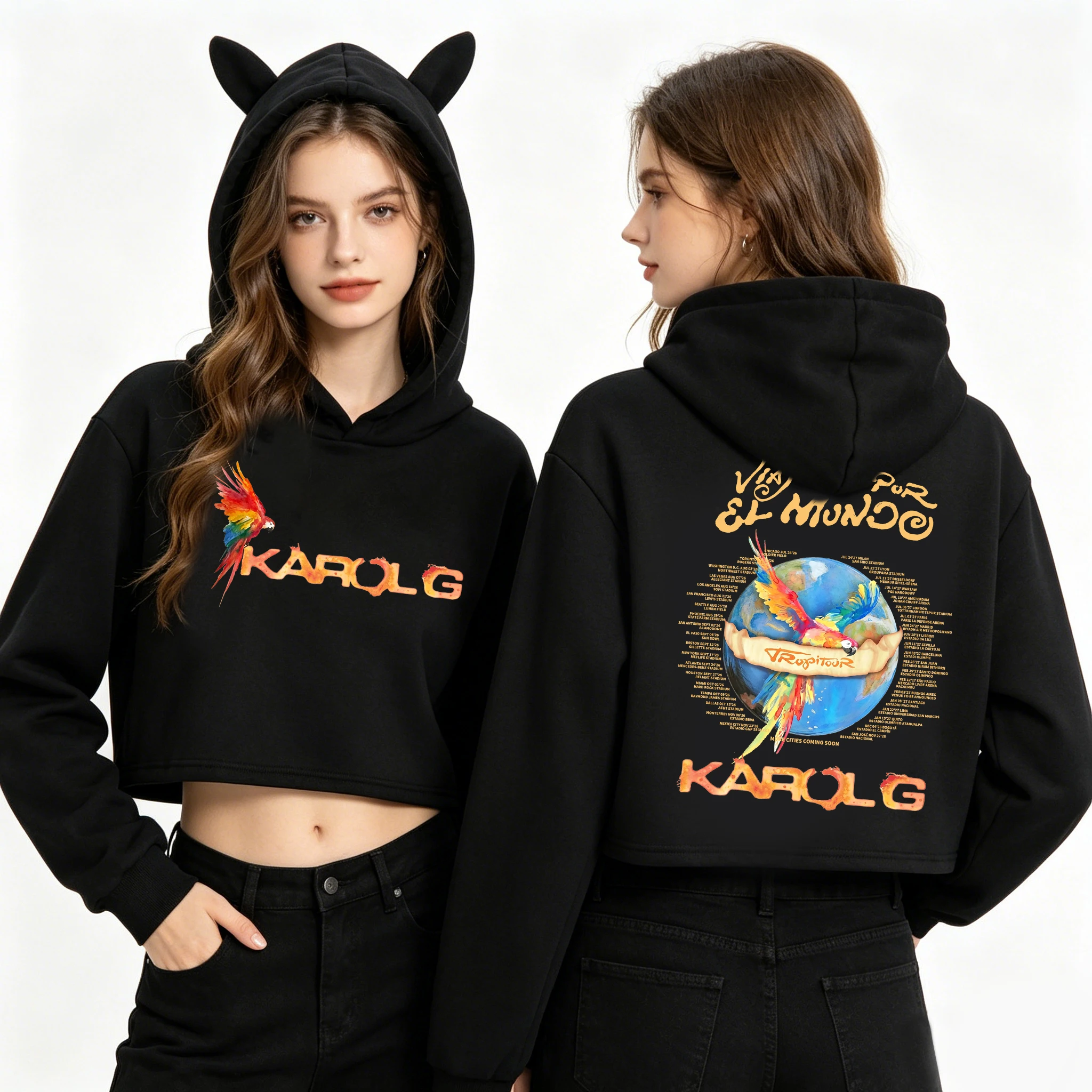 

Karol G Tropitour 2026 Cat Ear Sweatshirt Crop Tops Hoodie Women Girls Fashion Hoodie for Fans