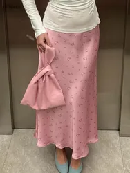 Floral Print Pink Sweet Long Skirts High Waist Fashion Women Skirt 2024 New Elegant Casual Satin Pleat Summer Skirt Party Street