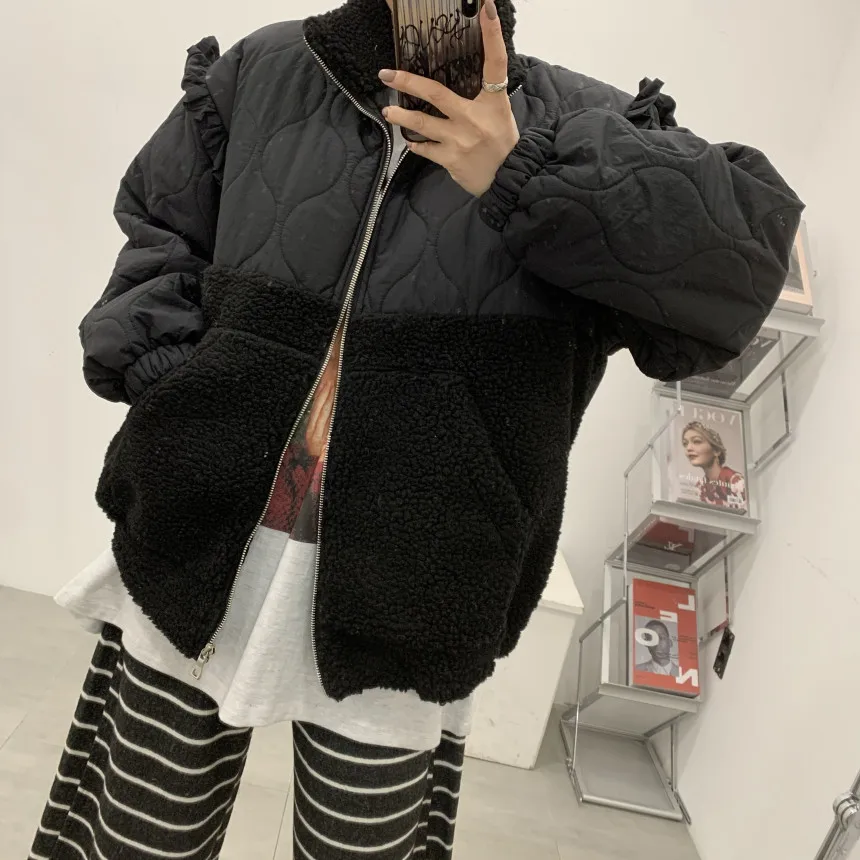 

Женский шикарный корейский хлопковый тюнет, осенне-зимний теплый мягкий воротник с отделкой меха ягненка, удобный топ