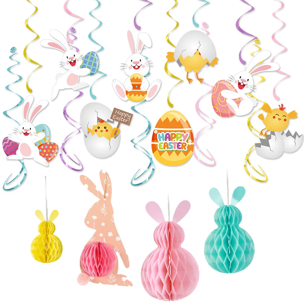 Easter Hanging Decors Easter Hanging Swirls Easter Bunny 3D Honeycomb Paper Egg Ball Hanging Ornaments Easter Party Decorations