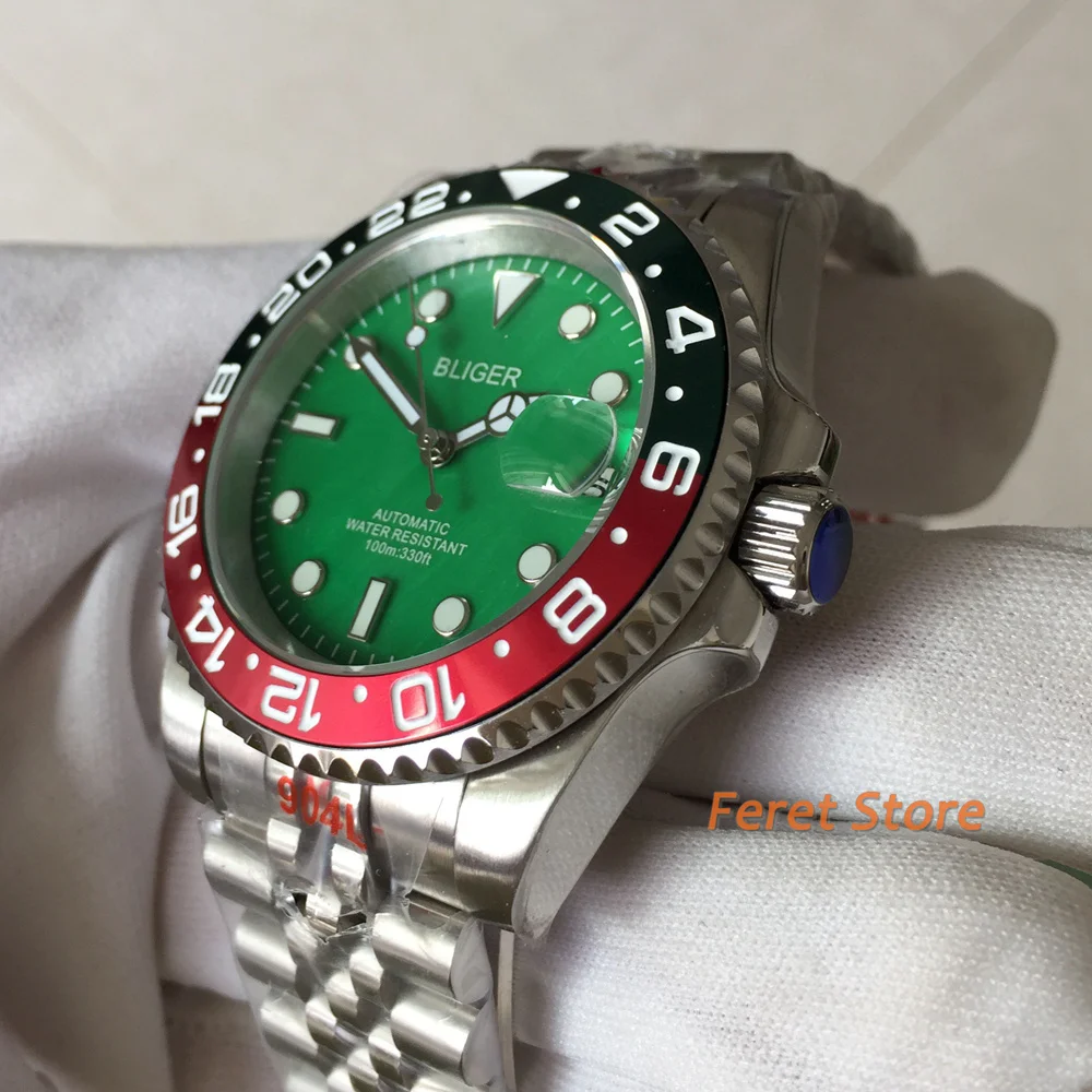 New 40mm BLIGER Watch Sterile Shell Dial Green Red Bezel NH35 Sapphire Jubilee Bracelet Fashion Luminous Automatic Men's Watch