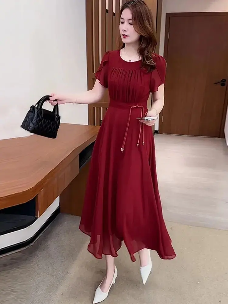 dress women summer chiffon red Red Chiffon Maxi Dress - V Neck with Ruffle Detail 2852