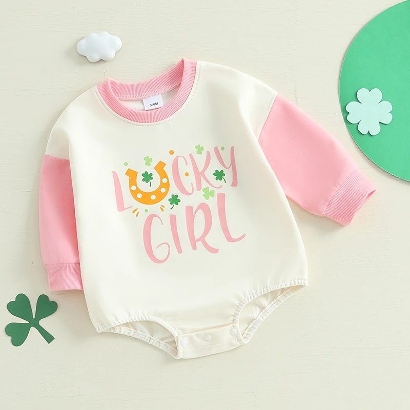 St Patrick s Day Toddler Jumpsuit Green Clover Print  Outfit Baby Romper Long Sleeve Crew Neck Bodysuit