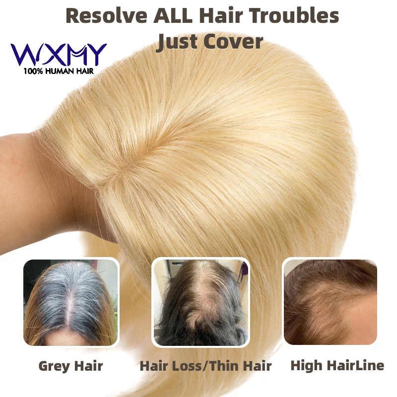 Wig Topper 100% Natural Human Hair Topper for Women Blond Silk Base With 4 Clips 100% Handmade European Hair Hair extensions Wig