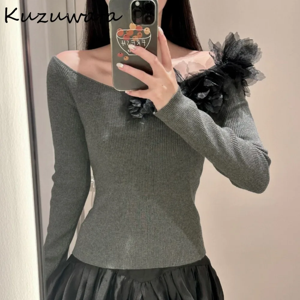 Kuzuwata Voile Fashion Slash Neck Long Sleeve Pull Femme Slim Fit Patchwork All-match Pullover Japan New Knit 3D Flower Knitted