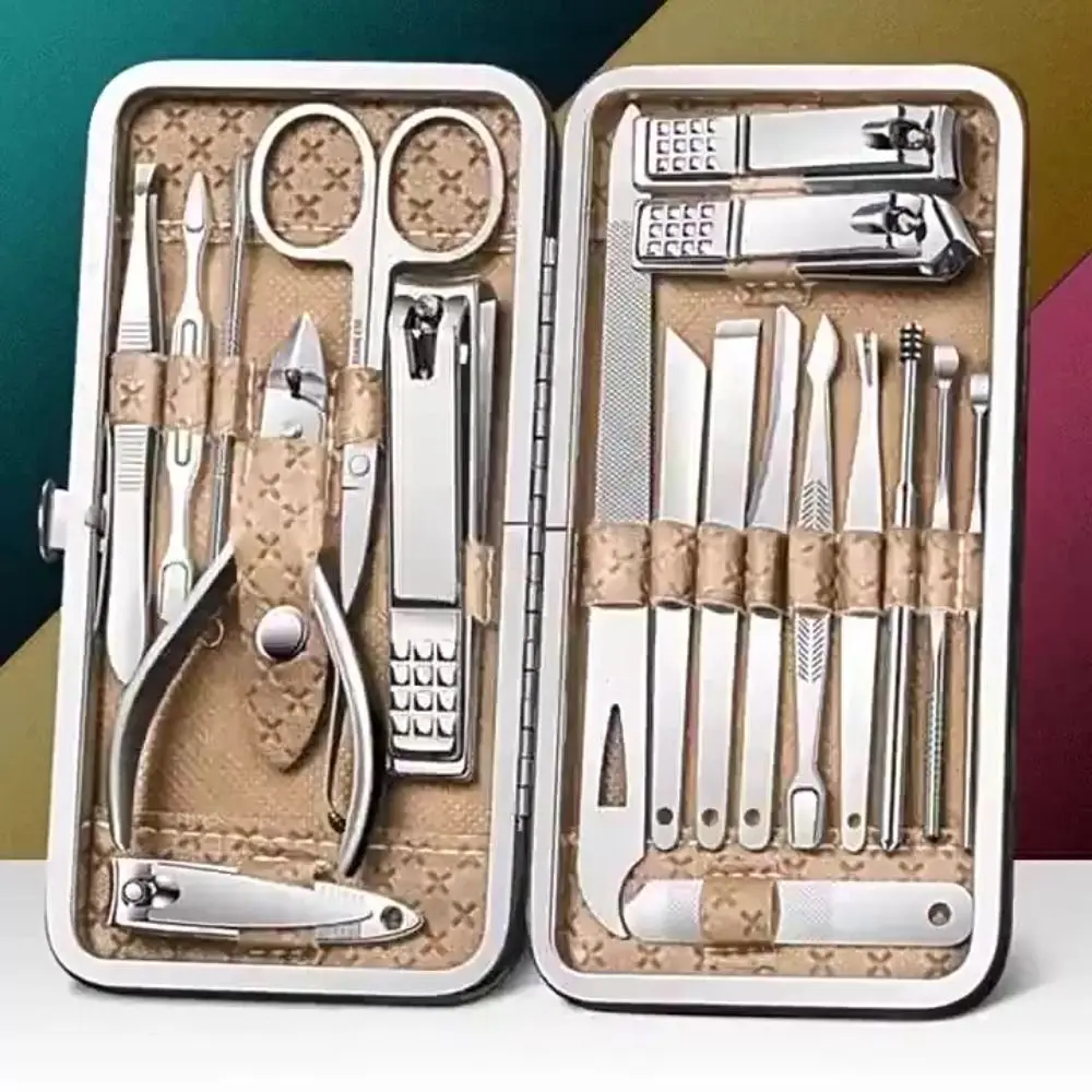 19Pcs Simple Stainless Steel Nail Clippers Set Foot Trimming Home Nail Sanding Tool Leather Sleeve Beauty Nail Care Kit Gift