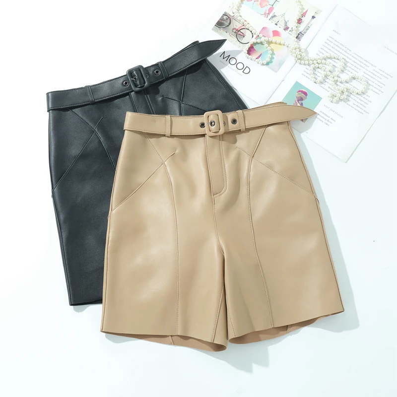 

Autumn Winter New Sle Women's High Waist Wide Leg eepskin Leather Pants Casual Straight Leg Slimming Five Minutes Pants