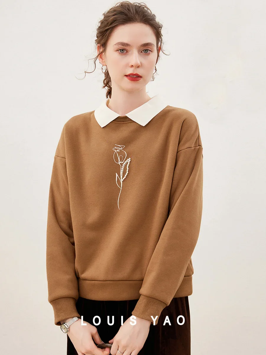 LOUIS YAO Sweatshirts 2026Autumn Winter Color Blocked Collar Thick Hoodie Printed Nail Bead Loose Shoulder Sleeve Women's Hoodie