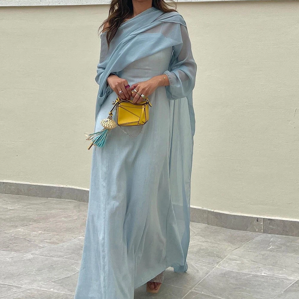 

Dubai Evening Caftan Dress Boat Neck Chiffon Solid Color Ankle Straight Shawl Floor Length Off The Shoulder Bespoke Occasion