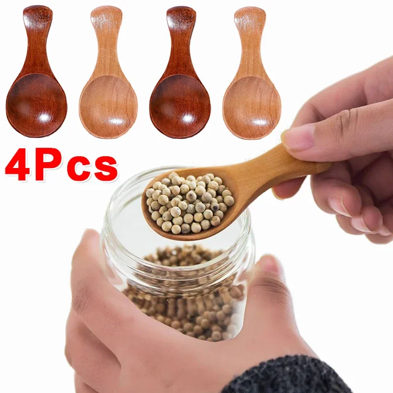 4/1Pcs Mini Holz Löffel Kurzen Griff Küche Gewürz Würze Löffel Kaffee Zucker Teelöffel Kinder Holz Scoops küche Zubehör