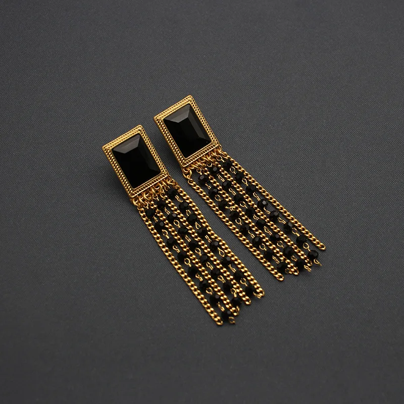 Black Crystal Tassel Earrings Square Gemstone Sweep Shoulder Earrings Handmade Retro Medieval 5