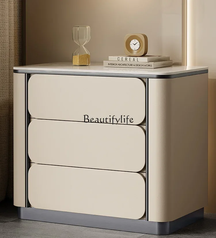 

X4 Minimal light luxury rock slab solid wood bedside table Italian stainless steel electroplated storage cabinet