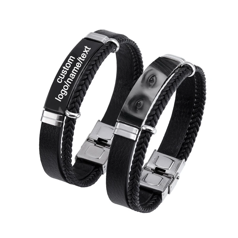 Custom Stainless Steel Bracelet Double Layer Twist Braid Leather Rope Bracelets Personalized Engraved Name/Text/logo Jewelry