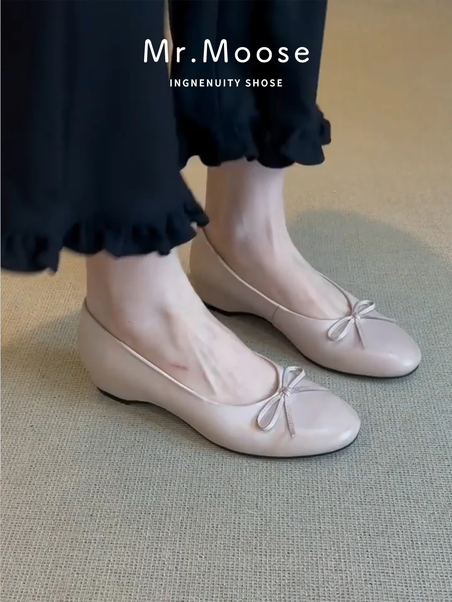 sweet-style-nude-knot-ballet-flats-women's-chunky-round-toe-slip-on-gentle-versatile-commute-single-shoes