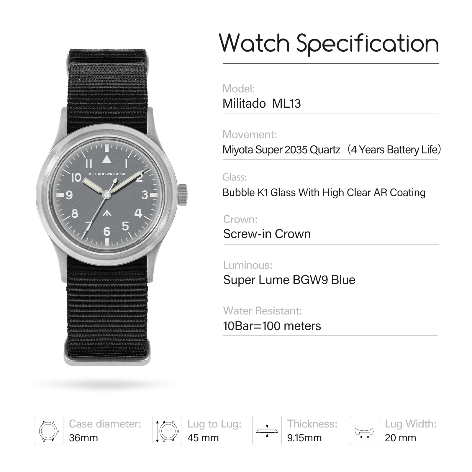 Militado ML13 36Mm Vintage Grey Men Watch Miyota Super 2035 Quartz Watch AR Bubble K1 Luminous 10Bar Waterproof Wristwatches
